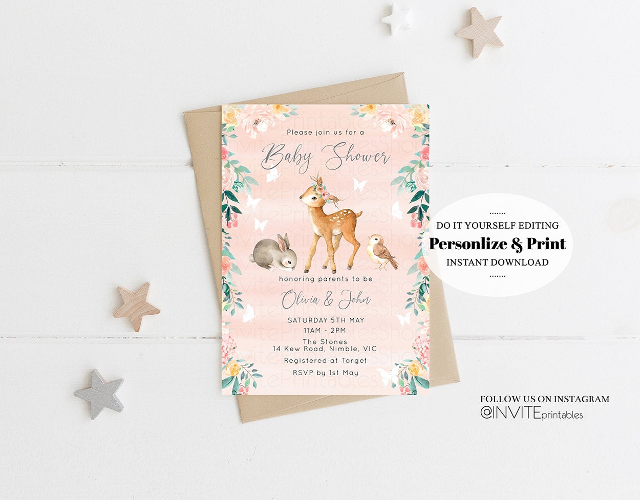 Deer Baby Shower Invite Forest Fawn Baby Shower Invite Deer Invite Bambi Invite Pastel Floral Invite Enchanted Forest Invite