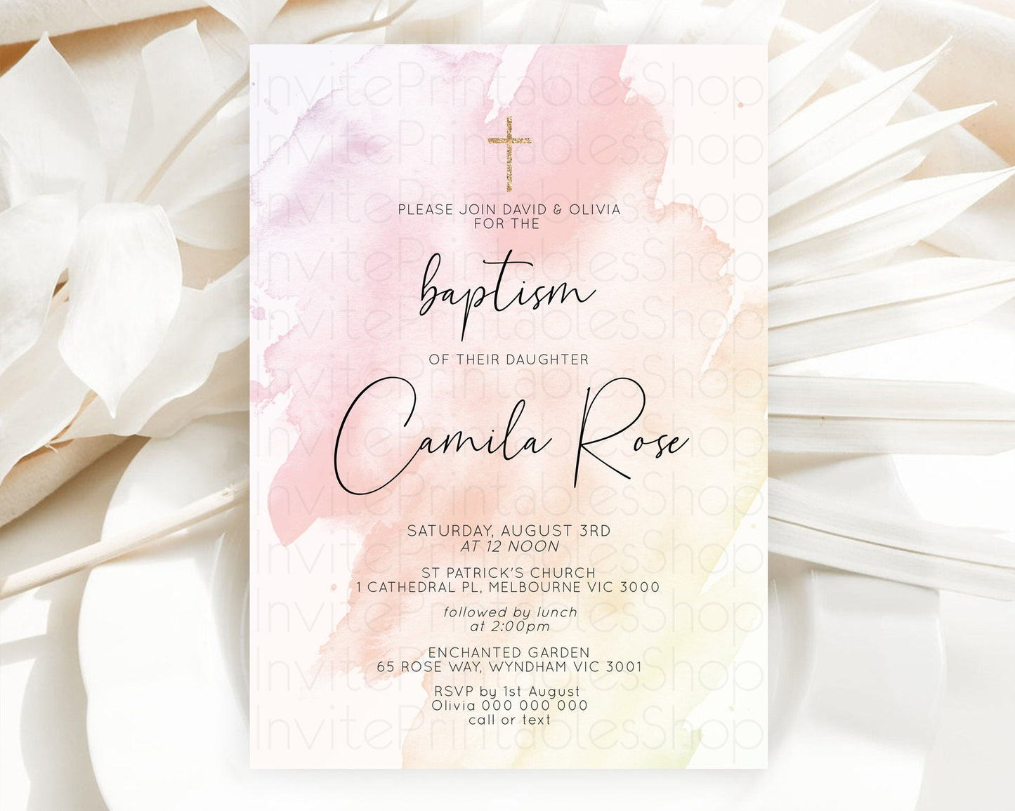 Pink Baptism Invitation Pink Watercolor Baptism 1st Birthday Invitation Pastel Pink Watercolor Christening Invite Pink Splash D10164