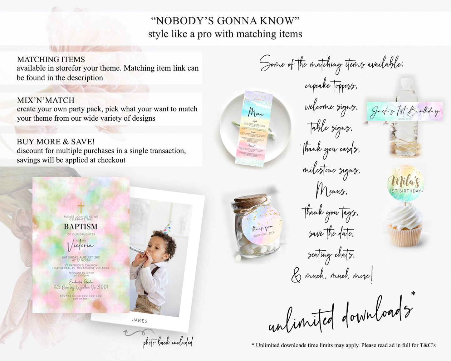 Pastel Baptism Invitation Pastel Colors Watercolor Baptism 1st Birthday Party Gold Ombre Pastel Rainbow Christening Holy Communion D10698