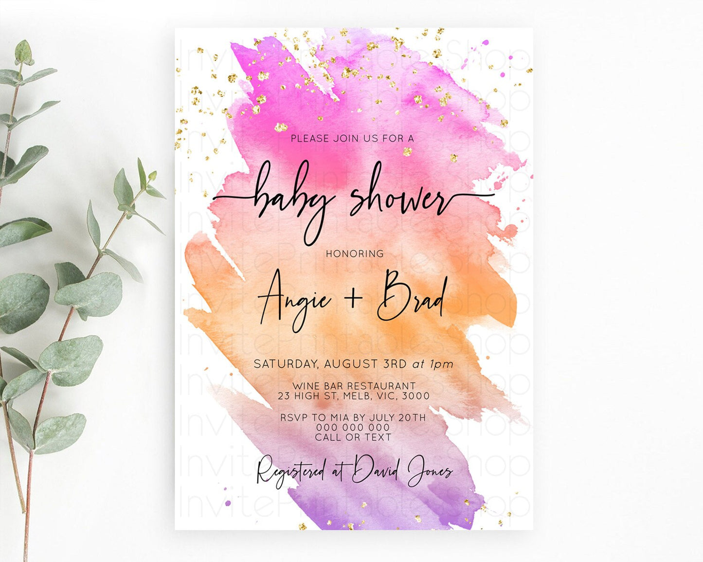 Pastel Baby Shower Invitation Rainbow Baby Shower Invitation Colorful Pastel Watercolor Invitation Gold Glitter Sprinkles Ombre D10488