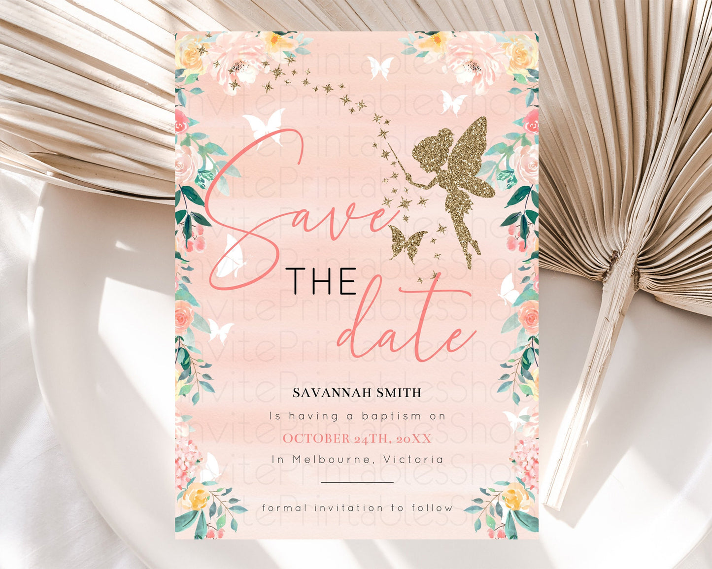 Fairy Save The Date Template Enchanted Garden Pastel Floral Butterfly Party Secret Garden Birthday Baptism Baby Shower Bridal Shower D10792