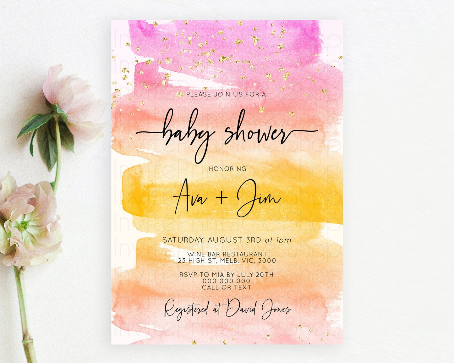 Pastel Baby Shower Invitation Rainbow Baby Shower Invitation Colorful Pastel Watercolor Invitation Gold Glitter Sprinkles Ombre D10520