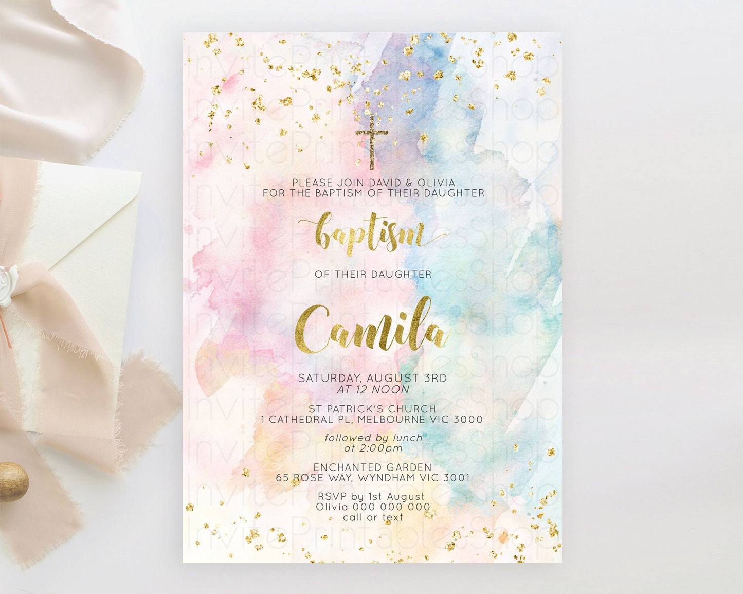 Editable Pastel Baptism Invitation Pastel Colors Watercolor Baptism 1st Birt