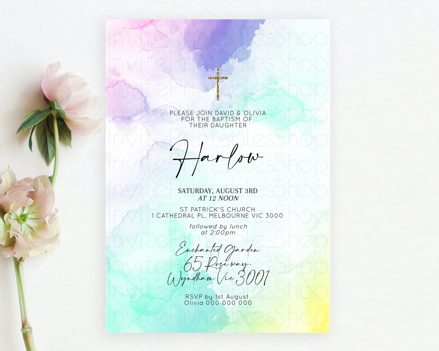 Pastel Baptism Invitation Pastel Colors Watercolor Baptism 1st Birthday Party Gold Ombre Pastel Rainbow Christening Holy Communion D10157