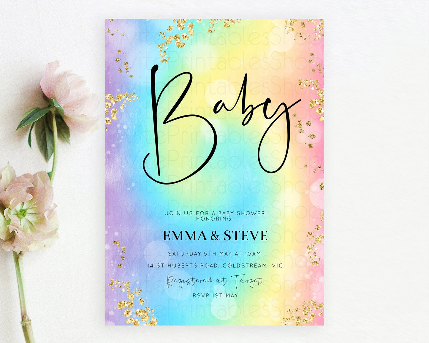 Pastel Baby Shower Invitation Rainbow Baby Shower Invitation Colorful Pastel Watercolor Invitation Gold Glitter Sprinkles Ombre D10568