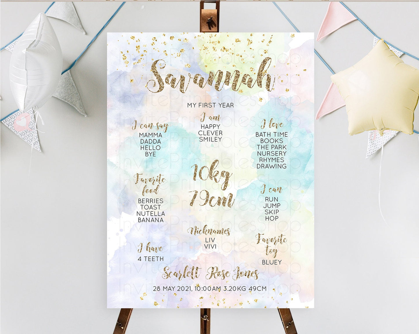 Pastel First Birthday Milestone Board Pastel Rainbow Milestone Poster Colorful Confetti Watercolor Glitter 1st Birthday Welcome Sign D10614