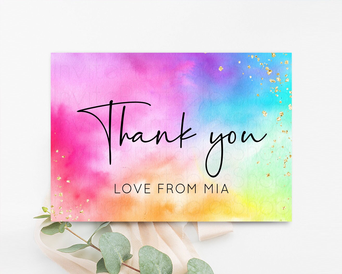Pastel Rainbow Thank you Colorful Watercolor Folded Gift Cards Custom Note Message Glitter Birthday Engaged Baby Shower Wedding Guests 509