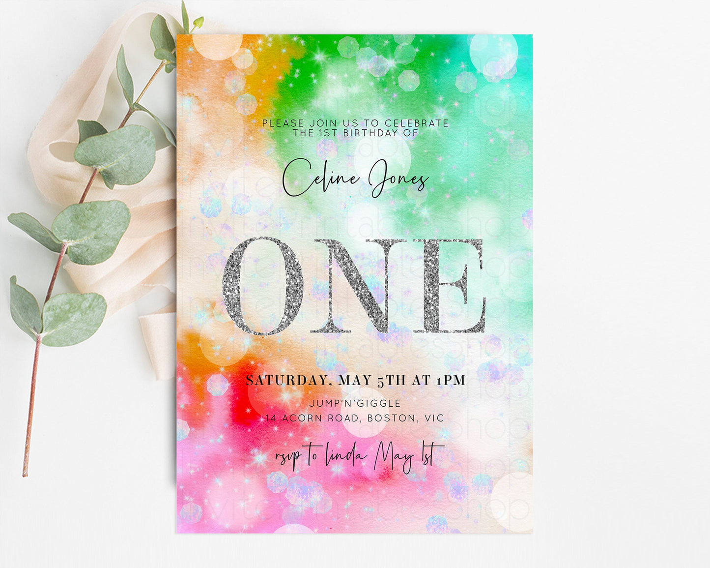 Rainbow Birthday Invitation Pastel Birthday Invite Ombre Watercolor Invite Enchanted Theme Colorful Splash Glitter Sprinkles 1st 2nd 3rd