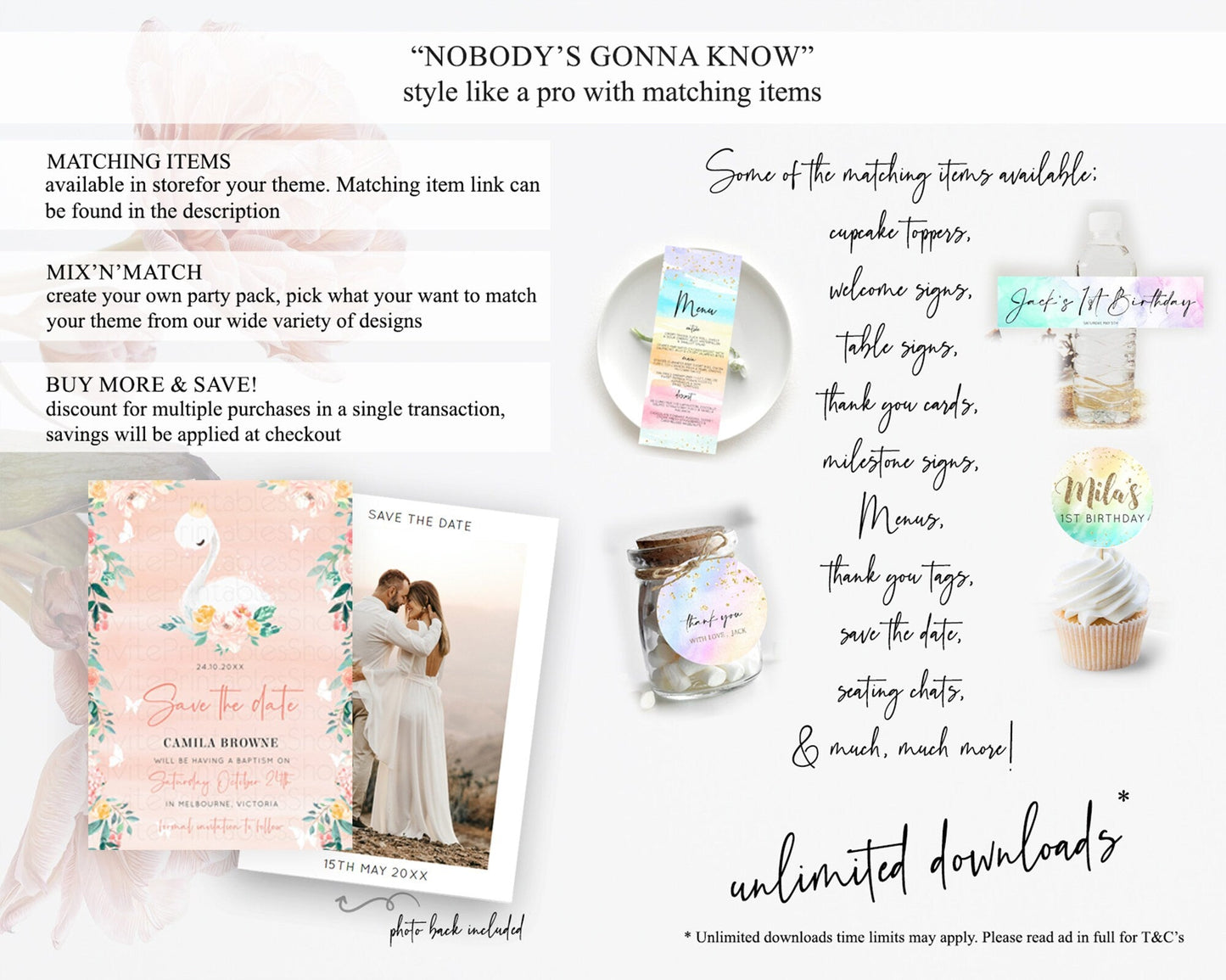 Swan Save The Date Template Swan Princess Ballet Party Enchanted Swan Lake Secret Garden Pastel Floral Birthday Baptism Baby Shower D10884