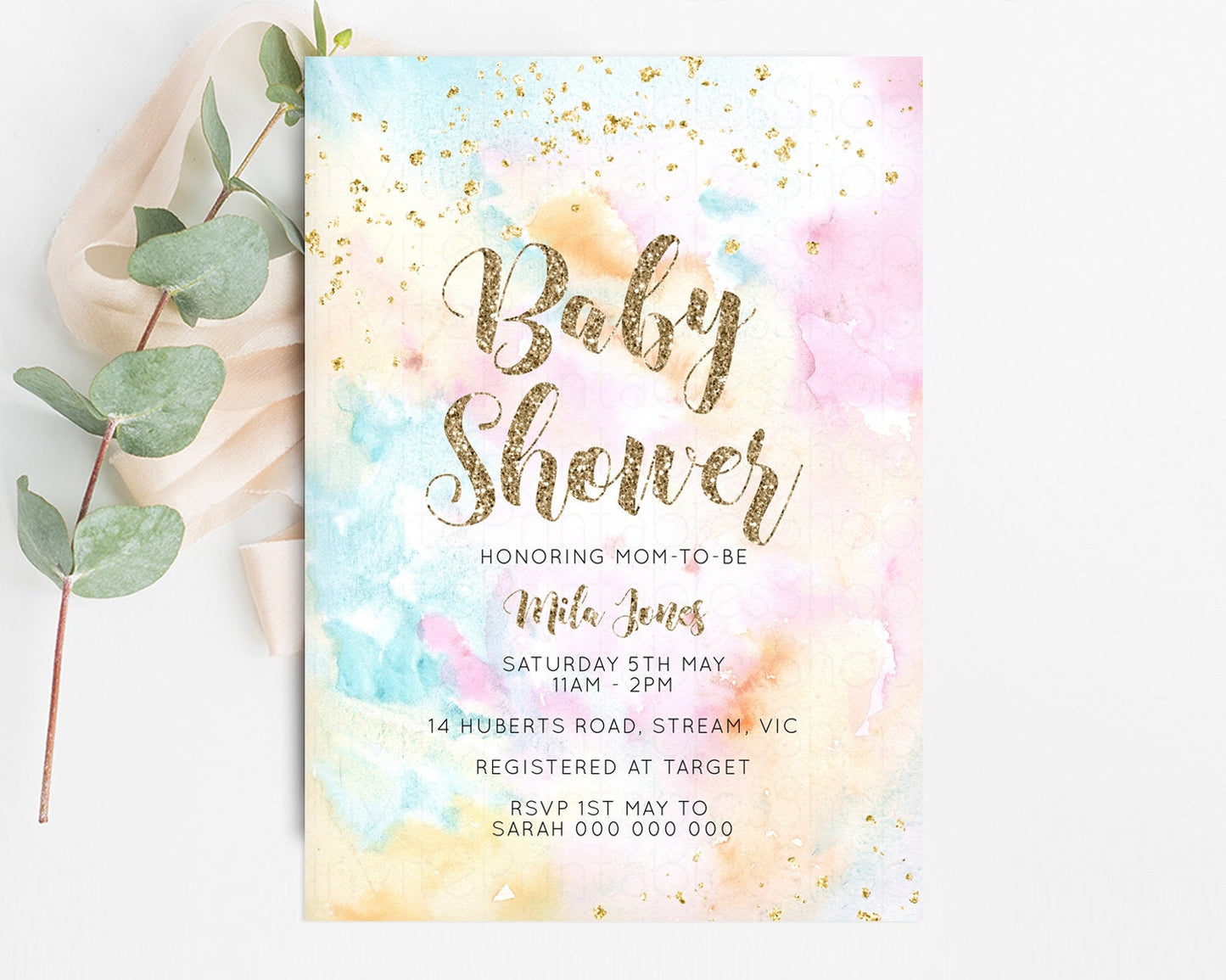 Rainbow Baby Shower Invitation Pastel Watercolor Invitation Colorful Splash Gold Splatter Glitter Foil Sprinkles Confetti Editable G566