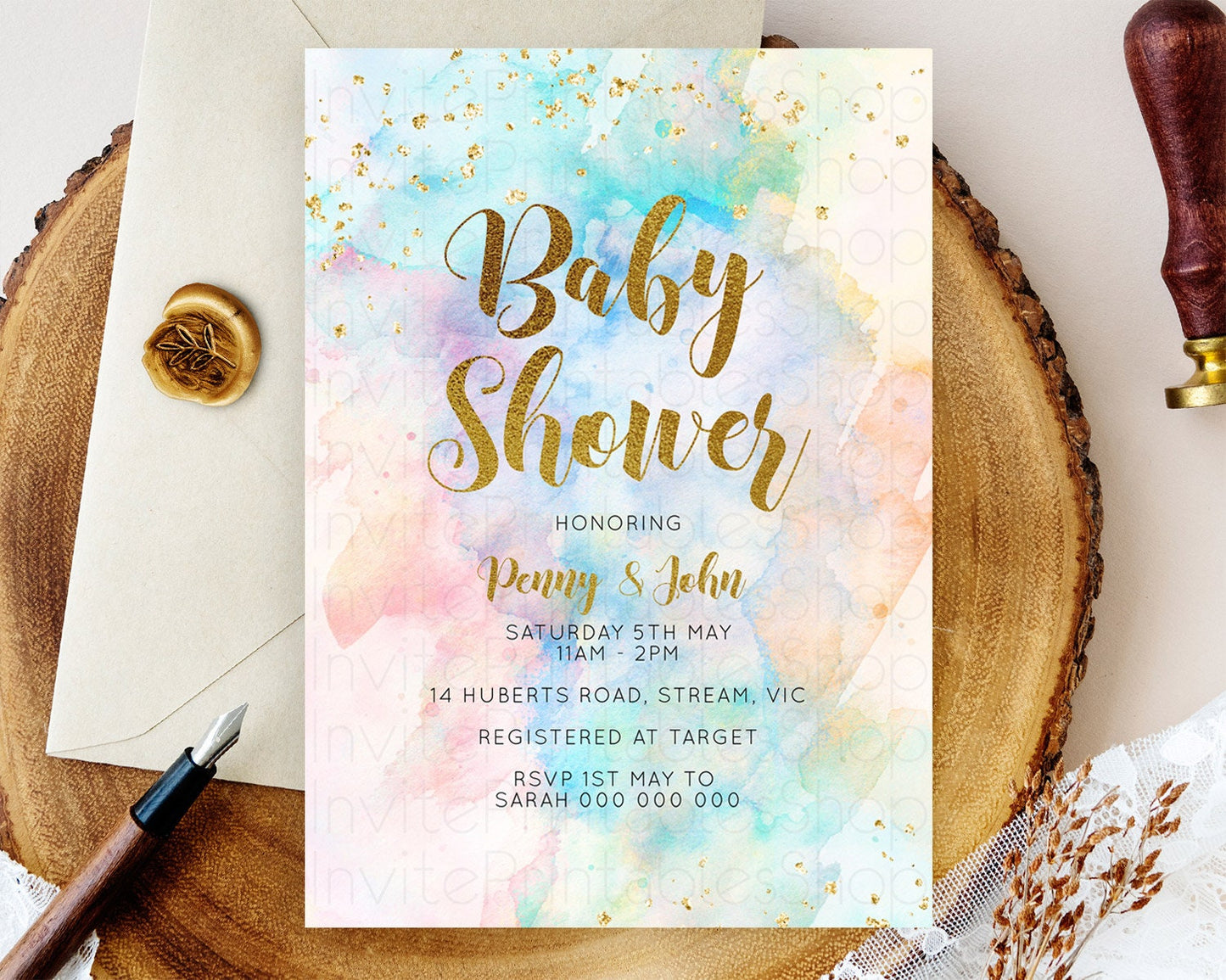 Pastel Baby Shower Invitation Rainbow Baby Shower Invitation Colorful Pastel Watercolor Invitation Gold Glitter Sprinkles Ombre D10272