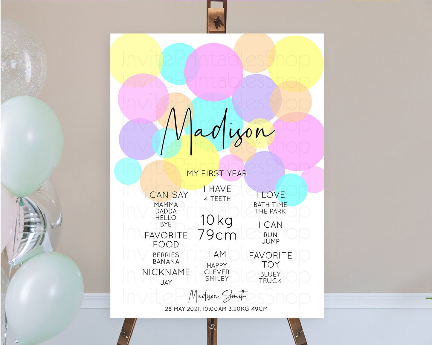 Pastel First Birthday Milestone Poster Pastel Rainbow Confetti First Birthday Milestone Board Colorful Bubbles Birthday Welcome Sign D10406