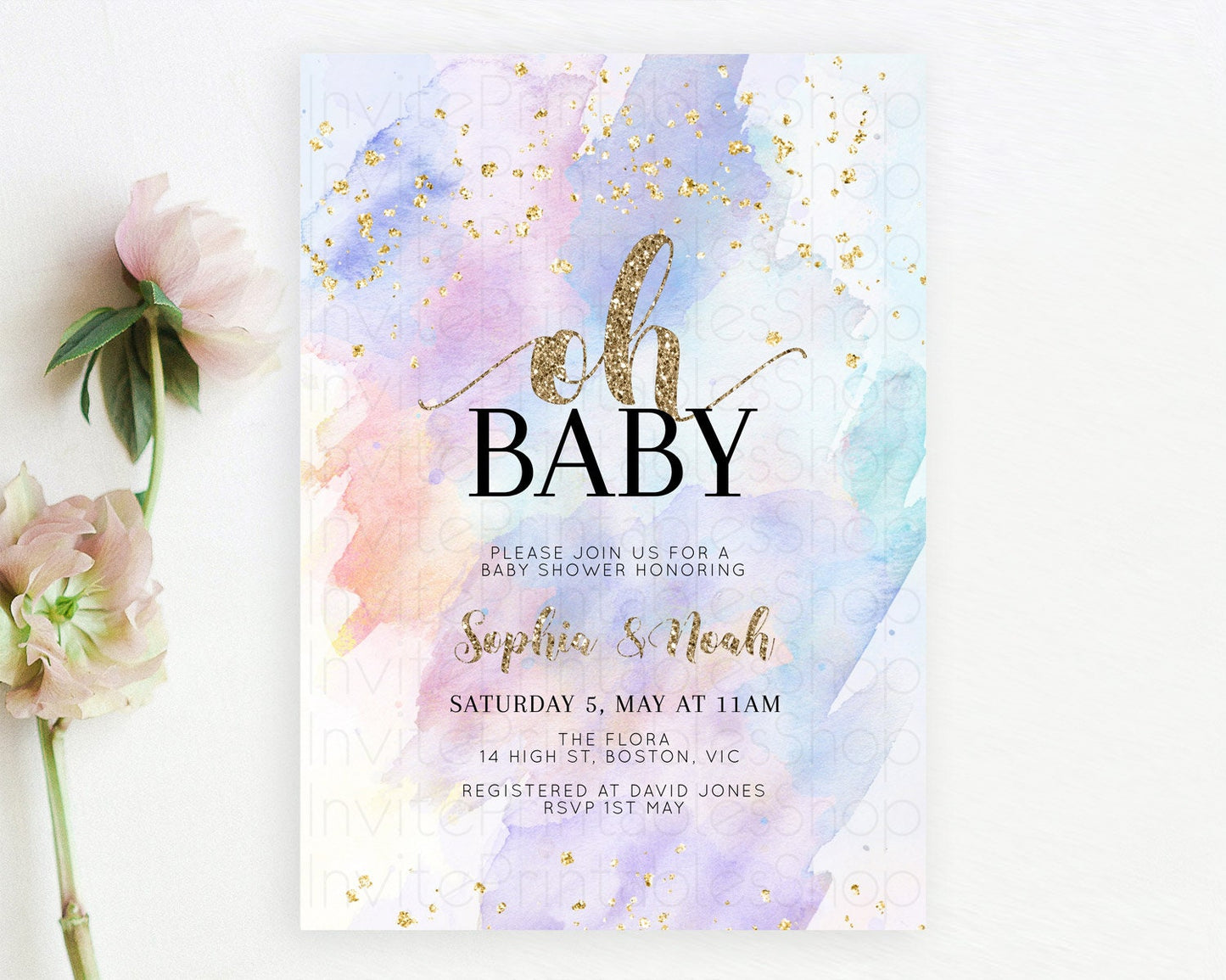 Pastel Baby Shower Invitation Rainbow Baby Shower Invitation Colorful Pastel Watercolor Invitation Gold Glitter Sprinkles Ombre D10583