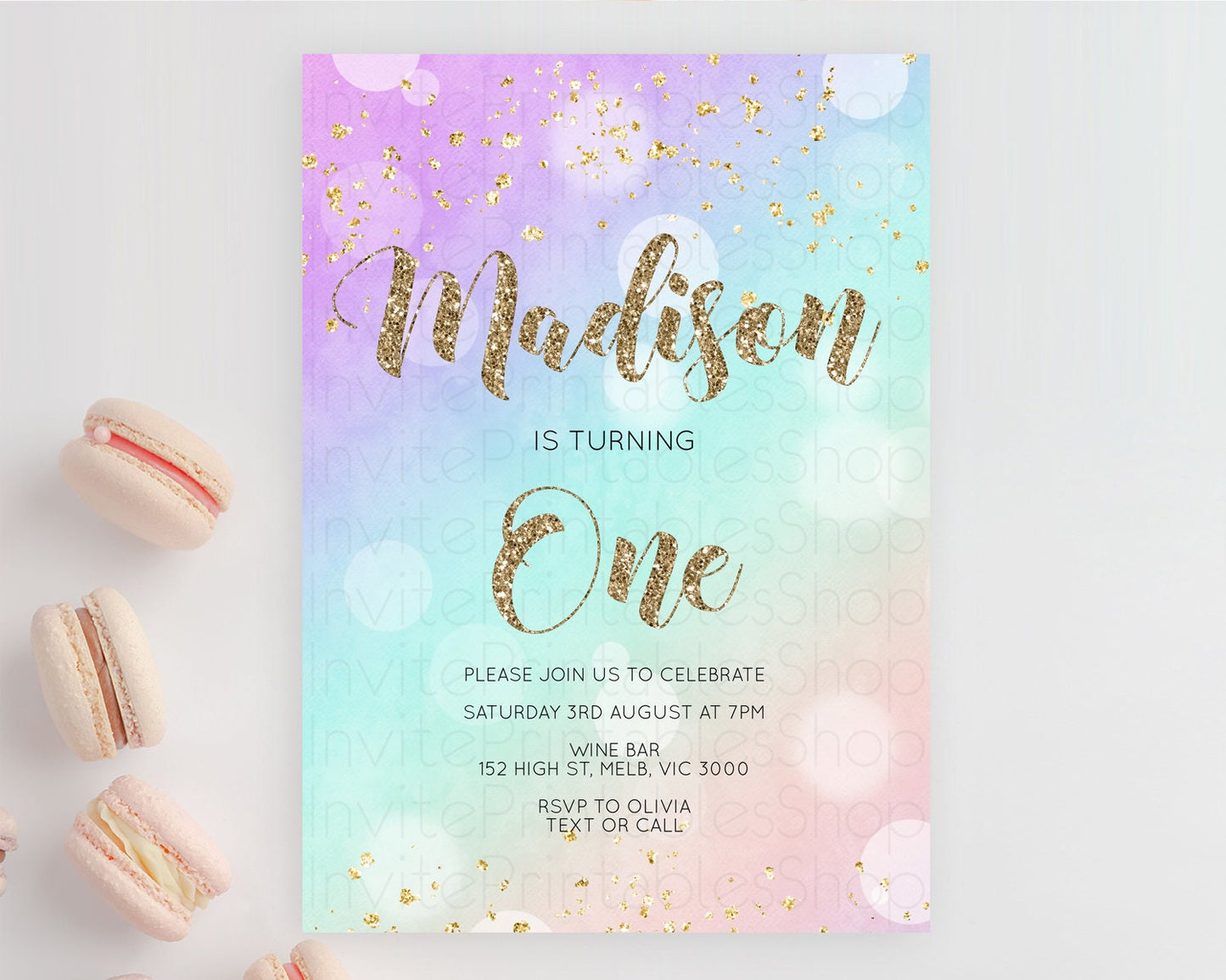 Rainbow Birthday Invitation Colorful Pastel Watercolor Invitation Gold Glitter Sprinkles Ombre Pastel 1st 2nd 3rd Birthday D10621