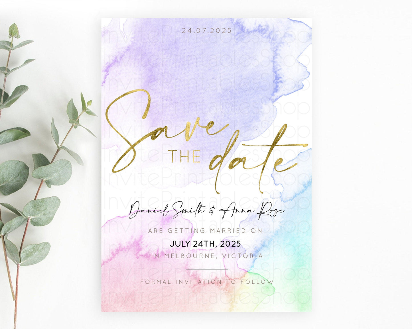 Pastel Save The Date Template Pastel Ombre Rainbow Watercolor Colorful Party For Birthday Baptism Baby Shower Wedding Bridal Shower D10215