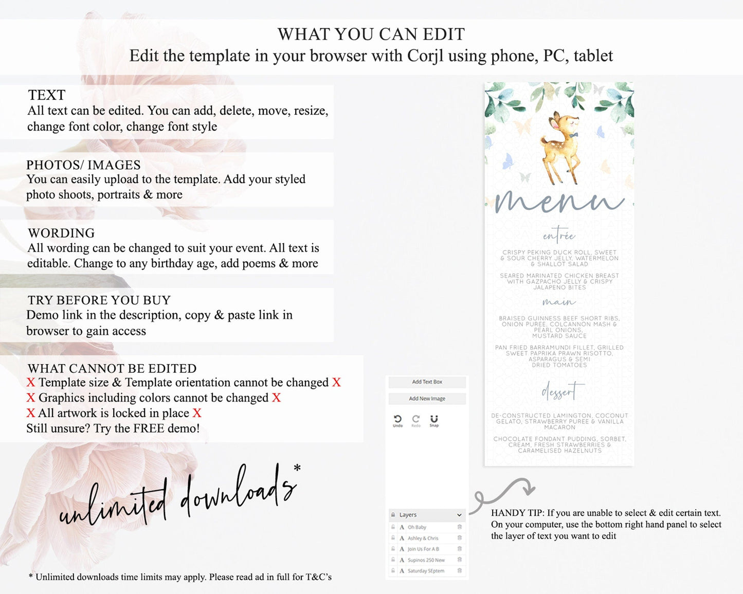 Fawn Menu Deer Menu Template Pastel Floral Deer Table Decor Enchanted Forest Butterfly Floral Dinner Dessert Menu Party Food Menu D10767