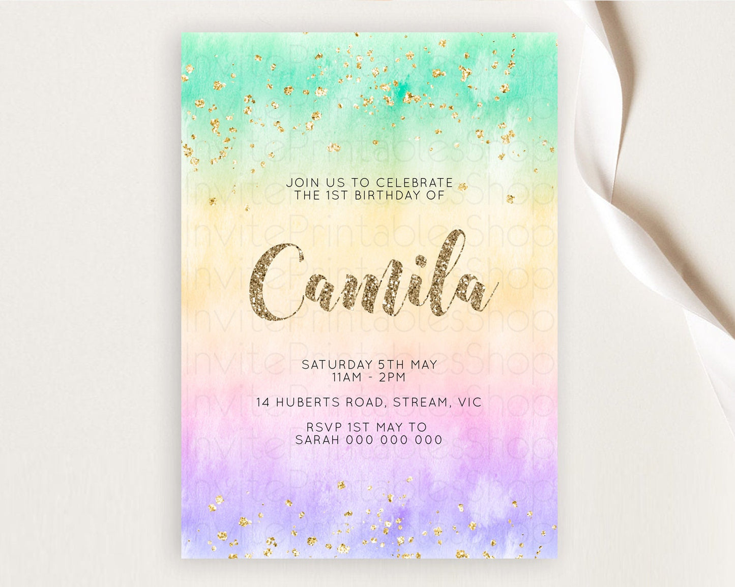 Rainbow Birthday Invitation Colorful Pastel Watercolor Invitation Gold Glitter Sprinkles Ombre Pastel 1st 2nd 3rd Birthday D10478