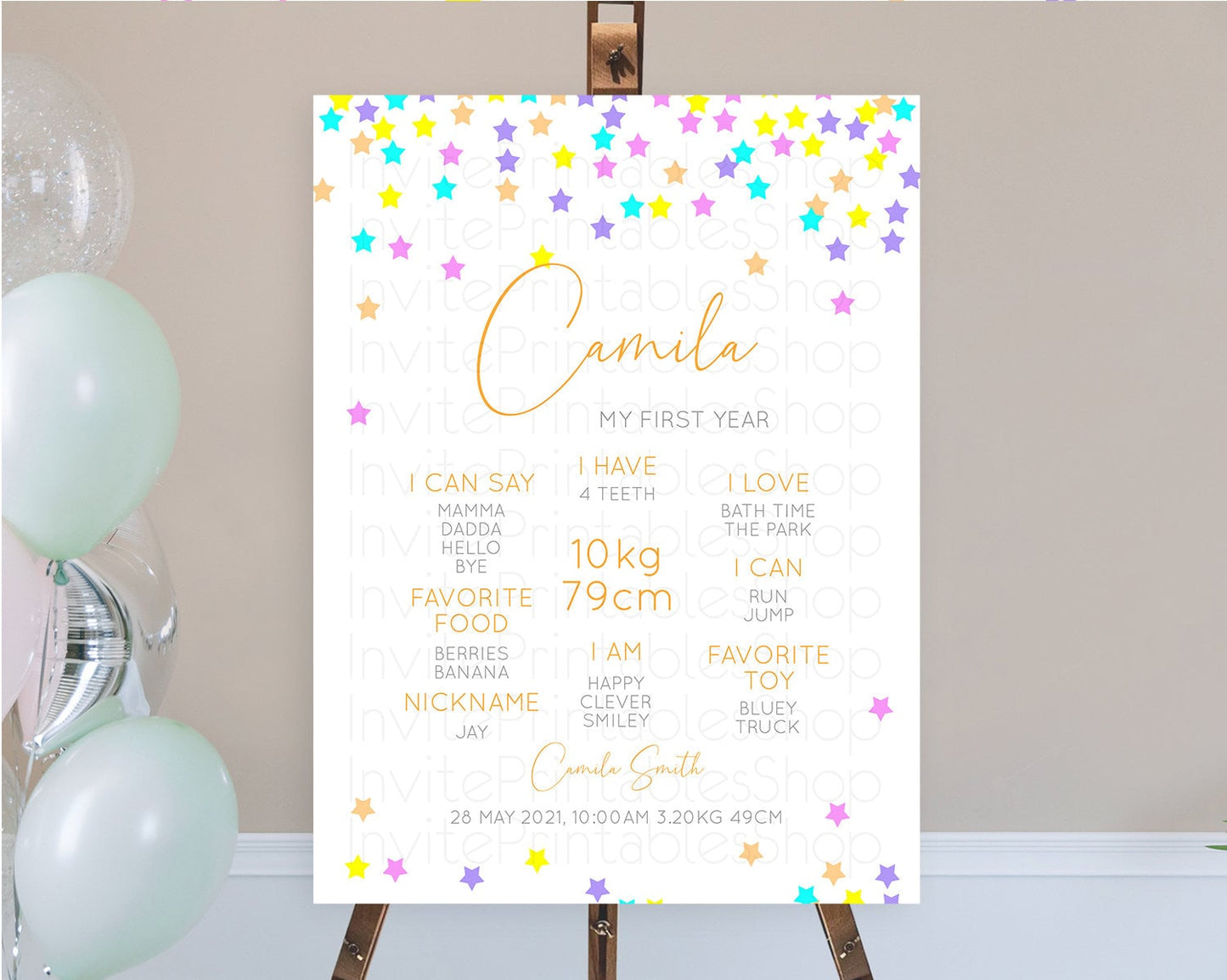 Star First Birthday Milestone Poster Pastel Stars Milestone Shooting Star Rainbow Colorful Confetti Twinkle Little Star 1st Birthday D10397