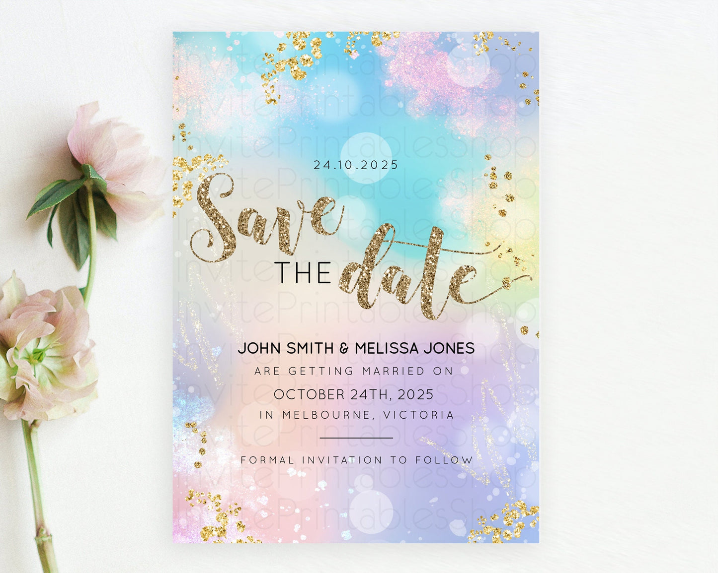 Pastel Save The Date Template Pastel Ombre Rainbow Watercolor Colorful Party For Birthday Baptism Baby Shower Wedding Bridal Shower D10677