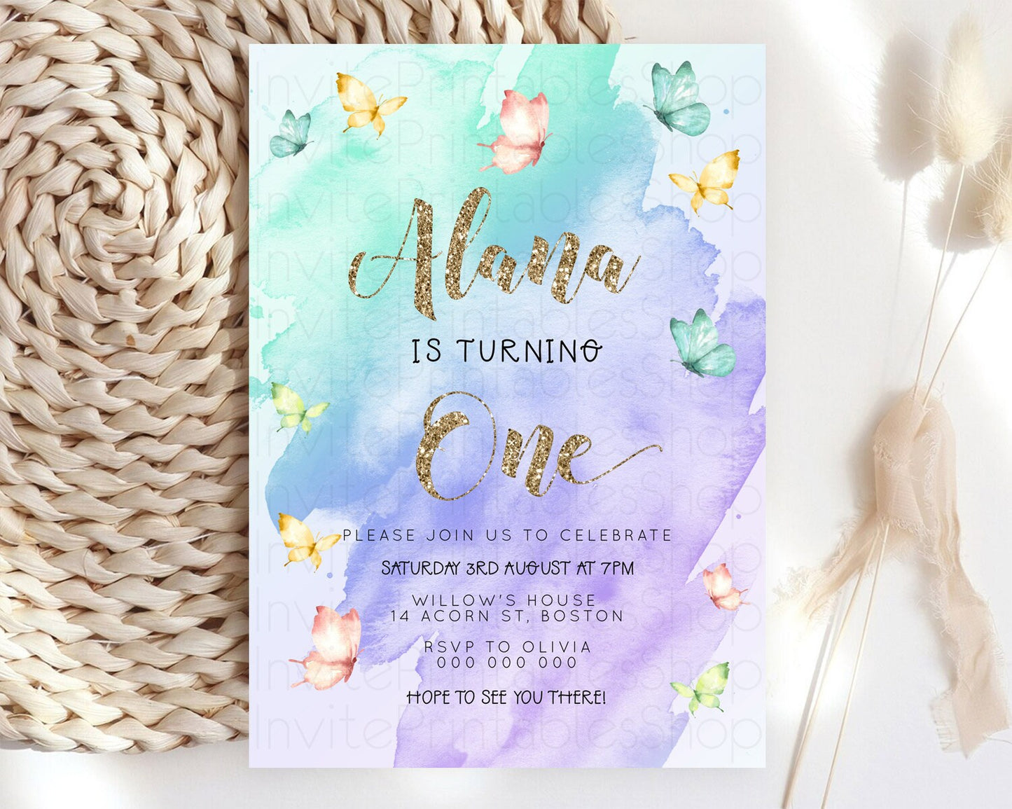 Pastel Butterfly Birthday Invitation Butterfly Birthday Invitation Colorful Splash Glitter Butterfly Garden 1st 2nd Birthday D23241