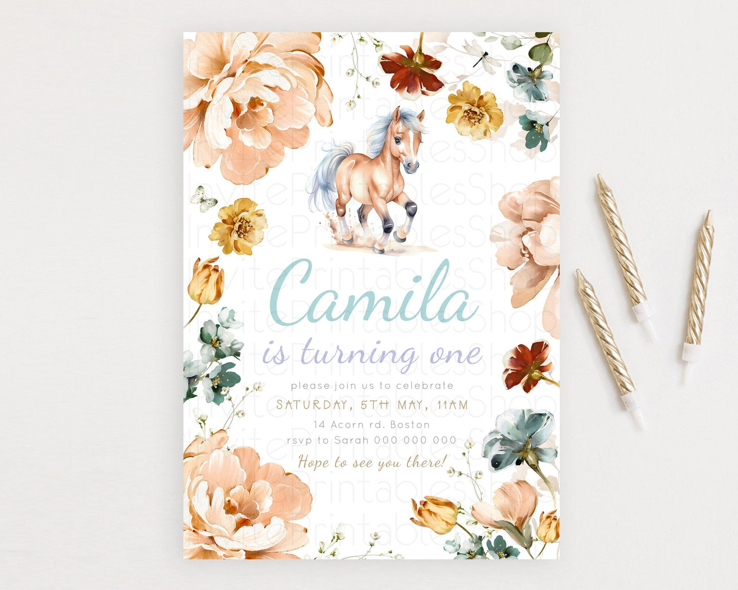 Horse Birthday Invitation, Galloping Wildflower Fields, Pastel Flowers, Butterflies, Flowers Accents for Equestrian & Cowgirls d23379