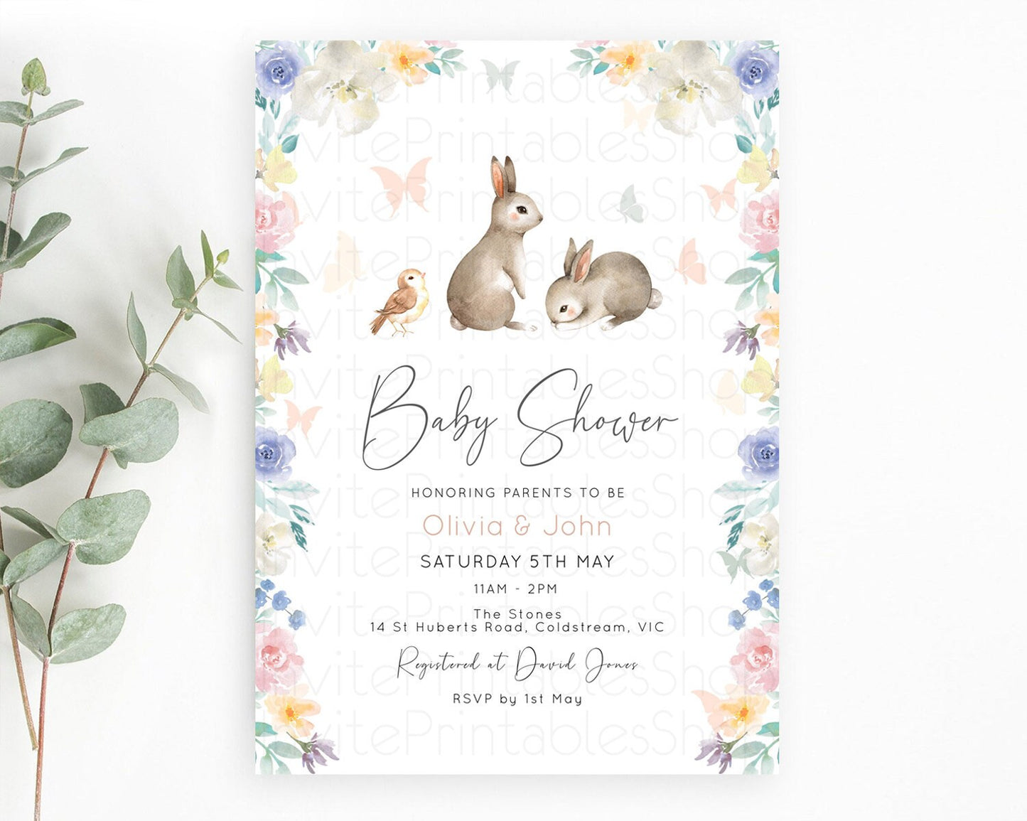 Bunny Baby Shower Invitation: Secret Garden, Enchanted Garden, Pastel Watercolor Woodland - Pink Blue White Flowers and Butterflies D10928