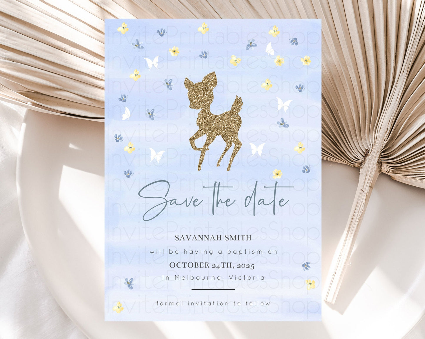 Fawn Deer Save The Date Template Pastel Floral Deer Enchanted Forest Butterfly Party 1st Birthday Baptism Baby Shower Bridal Shower D10863