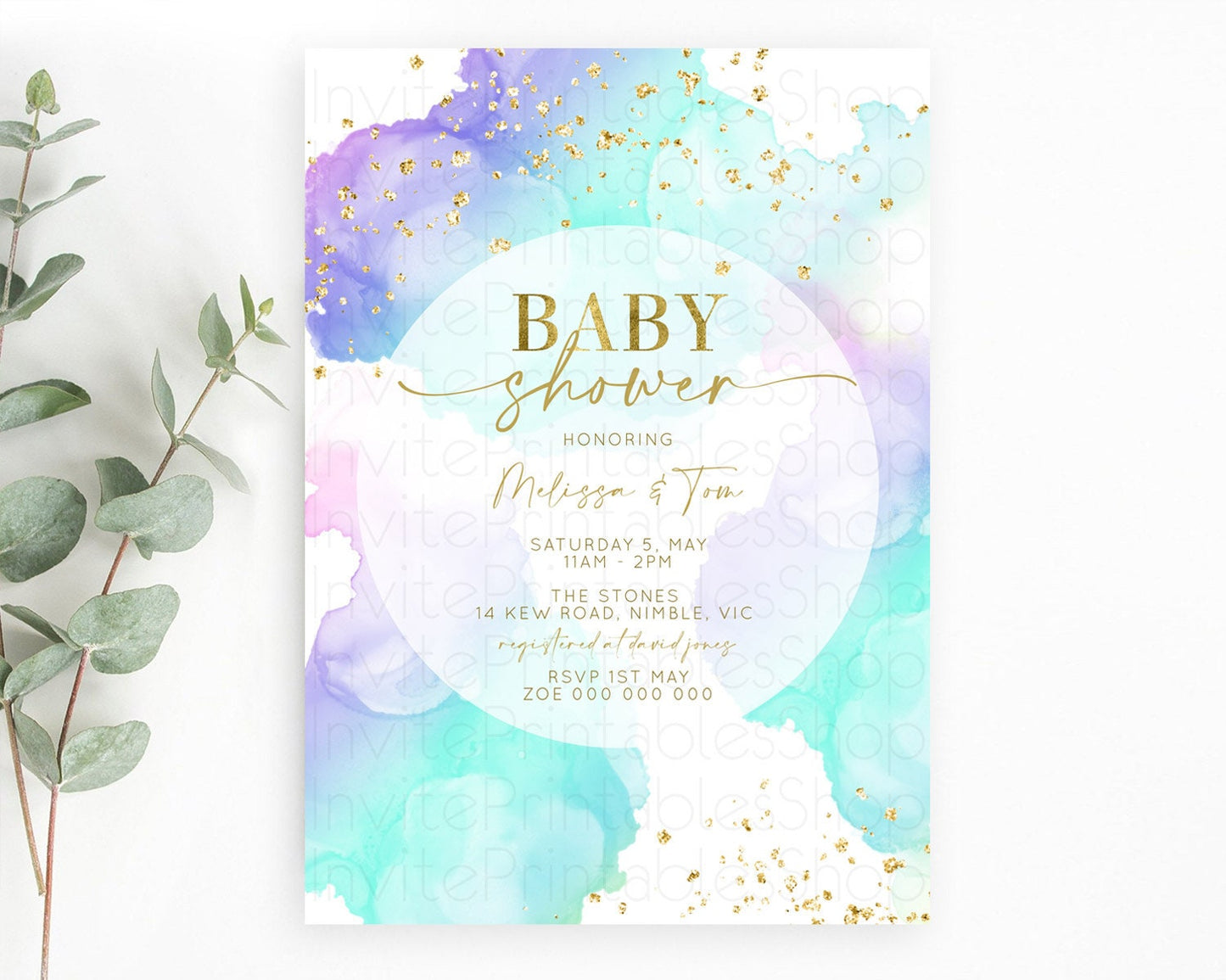 Pastel Baby Shower Invitation Rainbow Baby Shower Invitation Colorful Pastel Watercolor Invitation Gold Glitter Sprinkles Ombre D10212