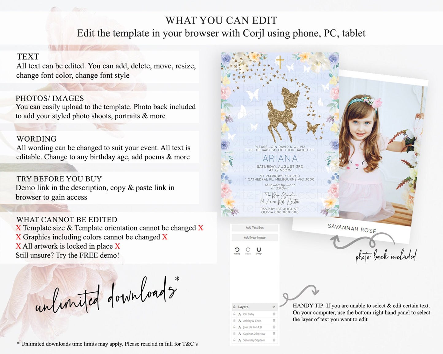 Fawn Baptism Invitation Deer Baptism 1st Birthday Invitation Enchanted Forest Christening Invitation Pastel Garden Butterfly Floral D10879