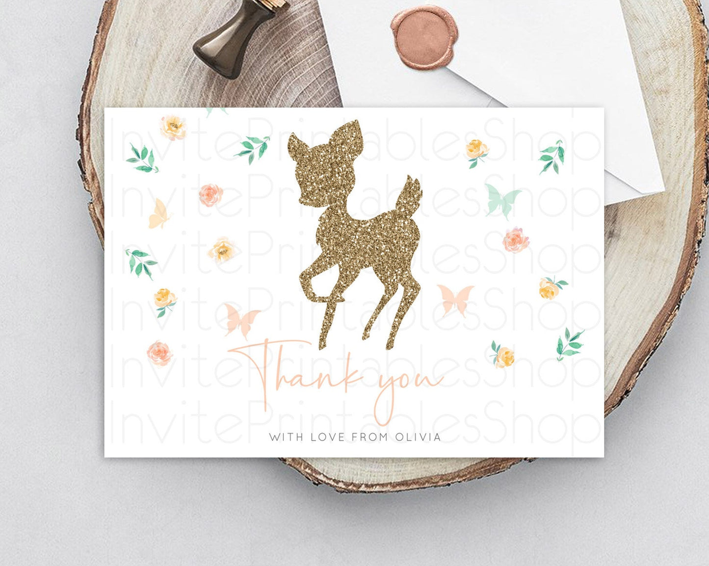 Fawn Thank You Deer Thank You Card Pastel Floral Deer Birthday Thank You Card Enchanted Forest Butterfly Deer Teacher Thank You Card D10355