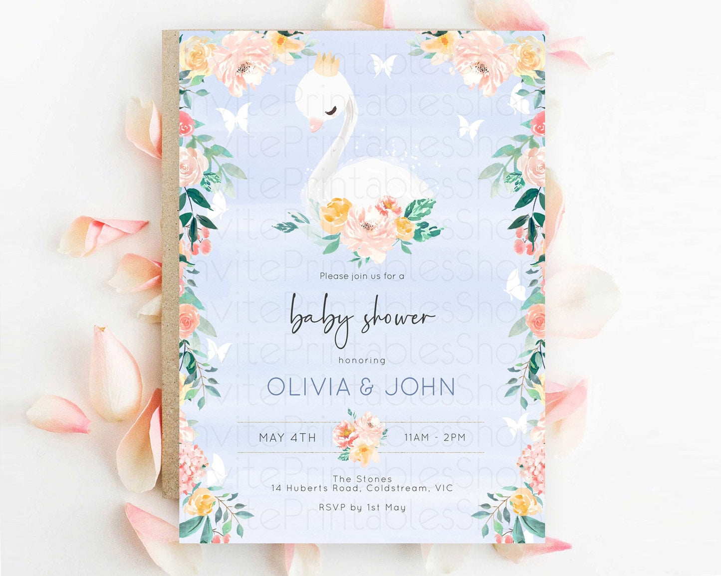 Swan Baby Shower Invitation, Swan Lake Princess Ballet, Secret Garden, Blue Watercolor, Pastel Floral, Pink Orange Flowers, Butterfly D10885