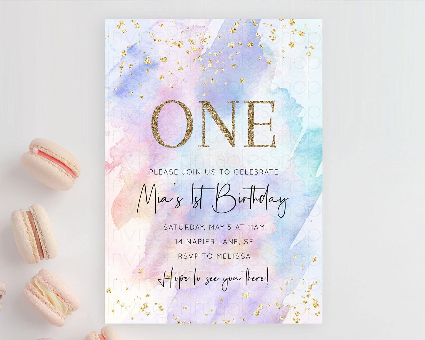 Rainbow Birthday Invitation Colorful Pastel Watercolor Invitation Gold Glitter Sprinkles Ombre Pastel 1st 2nd 3rd Birthday D10585