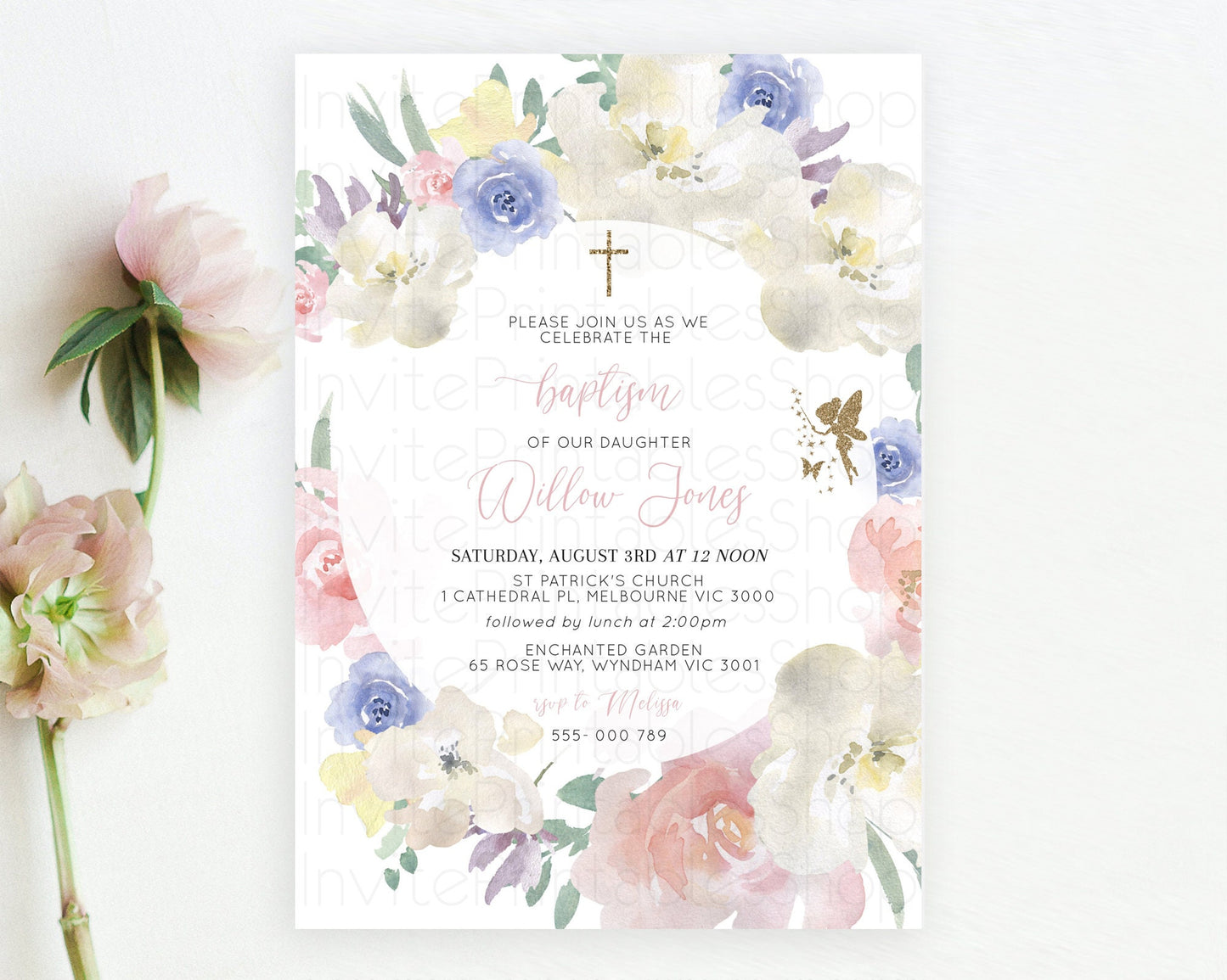 Fairy Baptism Invitation Fairy Baptism 1st Birthday Invitation Enchanted Secret Garden Christening Invite Pastel Floral Butterfly D10852