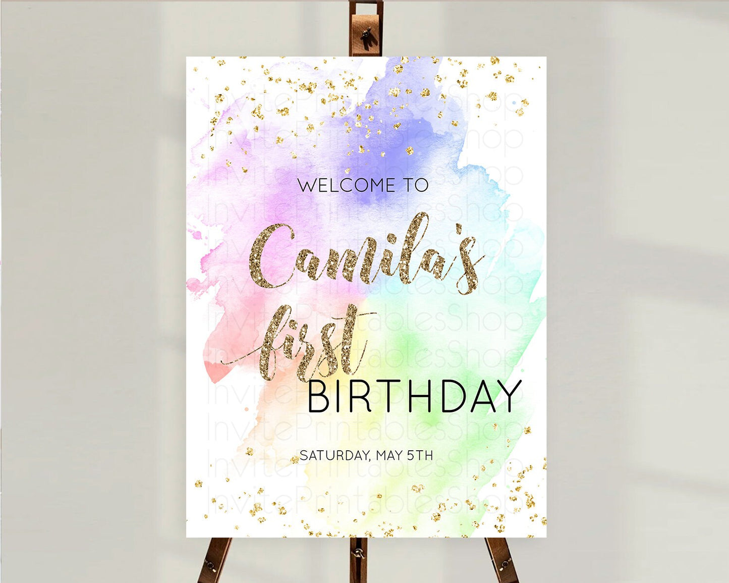 Pastel Welcome Sign Pastel Rainbow Welcome Sign Colorful Rainbow Confetti Watercolor Glitter Pastel First Birthday Welcome Sign D10319