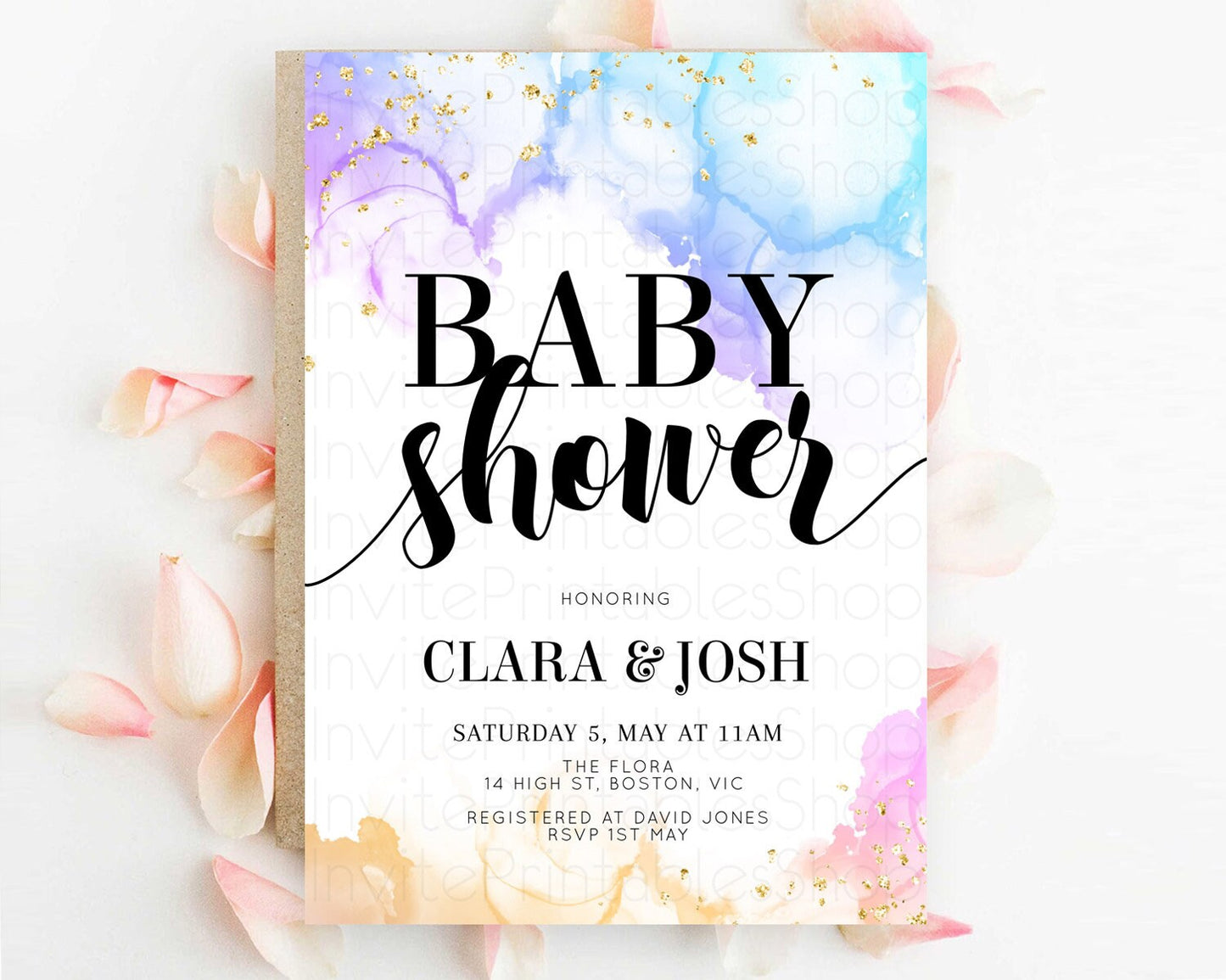 Pastel Baby Shower Invitation Rainbow Baby Shower Invitation Colorful Pastel Watercolor Invitation Gold Glitter Sprinkles Ombre D11018