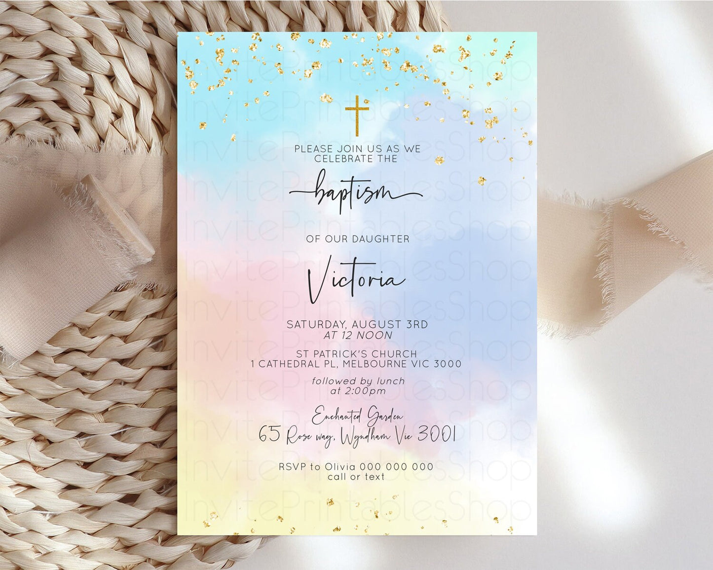 Rainbow Baptism invitation Pastel Rainbow Christening Invite Ombre Watercolor Invite Cloud Gold Sprinkles Splash Cross Religious Invite 446