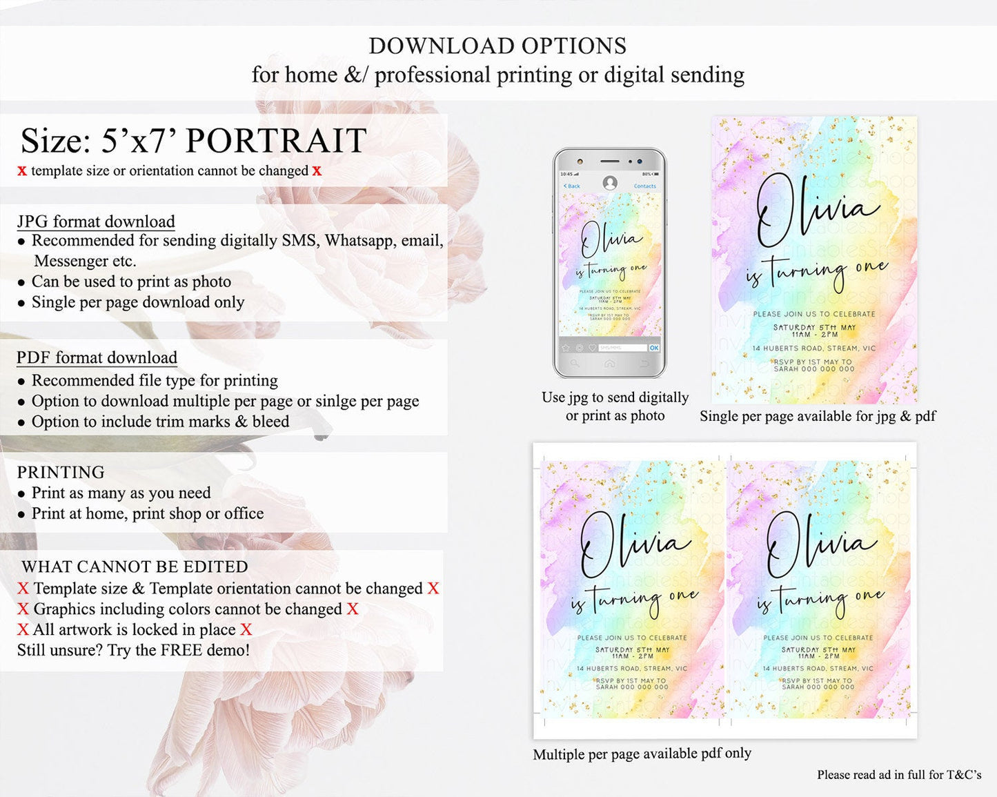 Pastel Birthday Invitation Ombre Watercolor Birthday Invitation Glitter Rainbow Color Splash 1st 2nd 3rd Birthday Invitation D23055