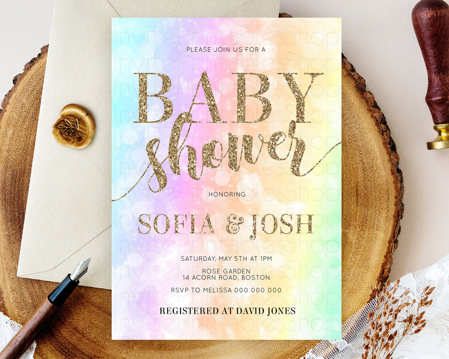 Pastel Rainbow Baby Shower Invitation, Colorful Watercolor, Gold Glitter Sprinkles - Teal, Pink, Purple, Orange, Yellow, Green Ombre D10648