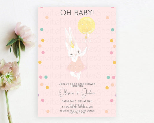 Editable Bunny Baby Shower Invitation, Oh Baby, Cute Bunny Holding Yellow Ba