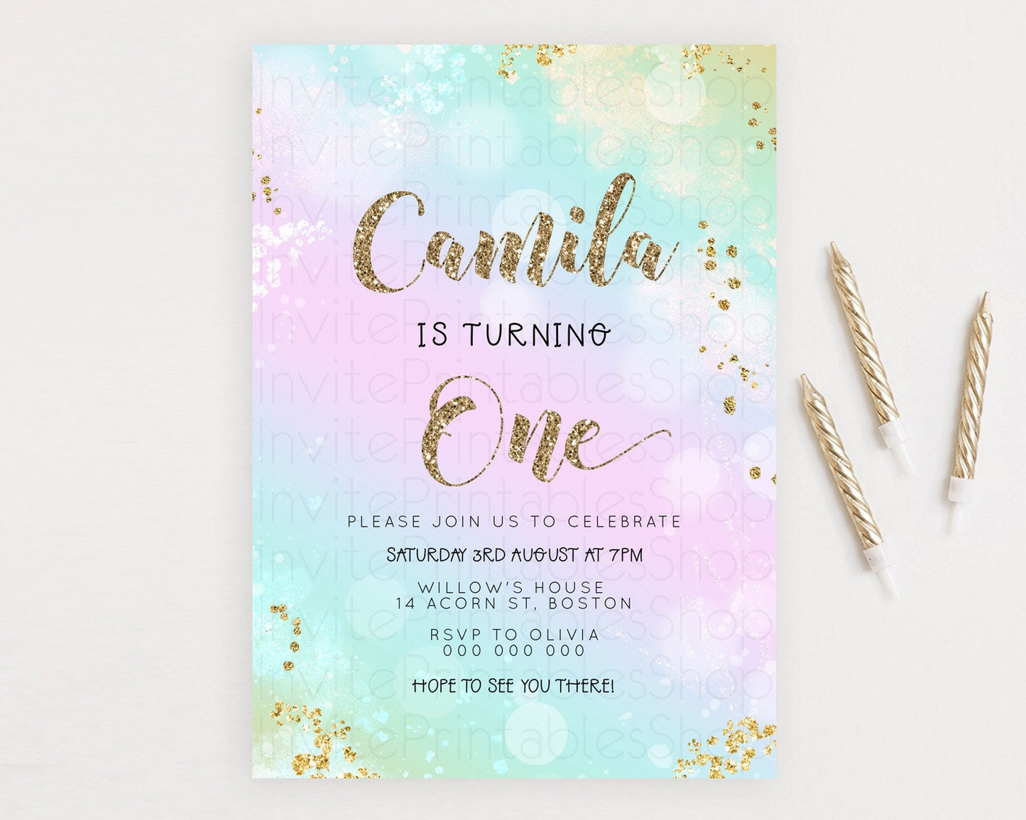 Rainbow Birthday Invitation Colorful Pastel Watercolor Invitation Gold Glitter Sprinkles Ombre Pastel 1st 2nd 3rd Birthday D23126