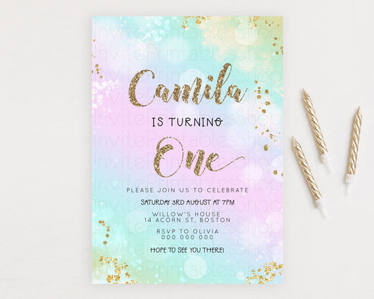 Rainbow Birthday Invitation Colorful Pastel Watercolor Invitation Gold Glitter Sprinkles Ombre Pastel 1st 2nd 3rd Birthday D23126