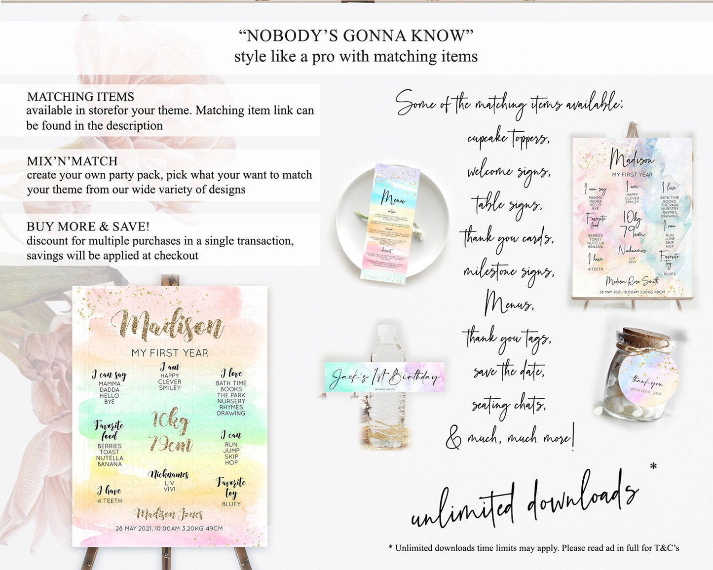 Pastel First Birthday Milestone Board Pastel Rainbow Milestone Poster Colorful Confetti Watercolor Glitter 1st Birthday Welcome Sign D10592