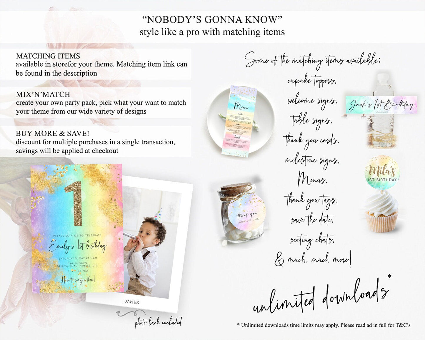 Rainbow Birthday Invitation Colorful Pastel Watercolor Invitation Gold Glitter Sprinkles Ombre Pastel 1st 2nd 3rd Birthday D10559