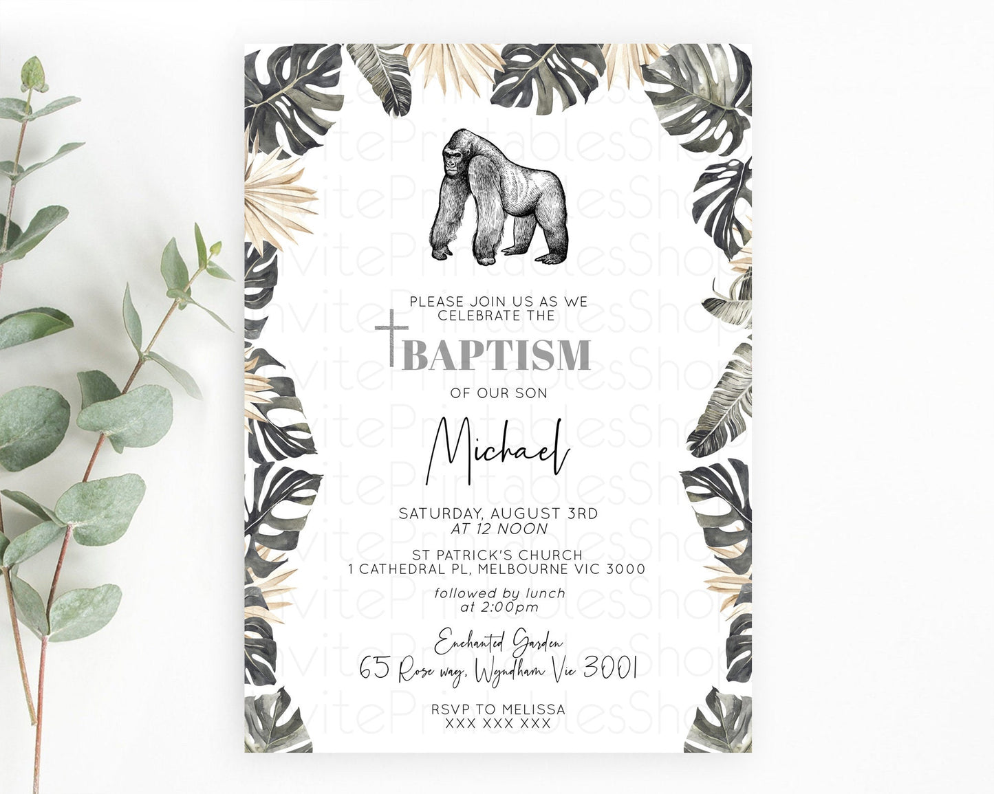 Gorilla Baptism Invitation Gorilla Baptism 1st Birthday Invitation Gorilla Jungle Adventure Christening Invitation Wild Zoo Theme D10825