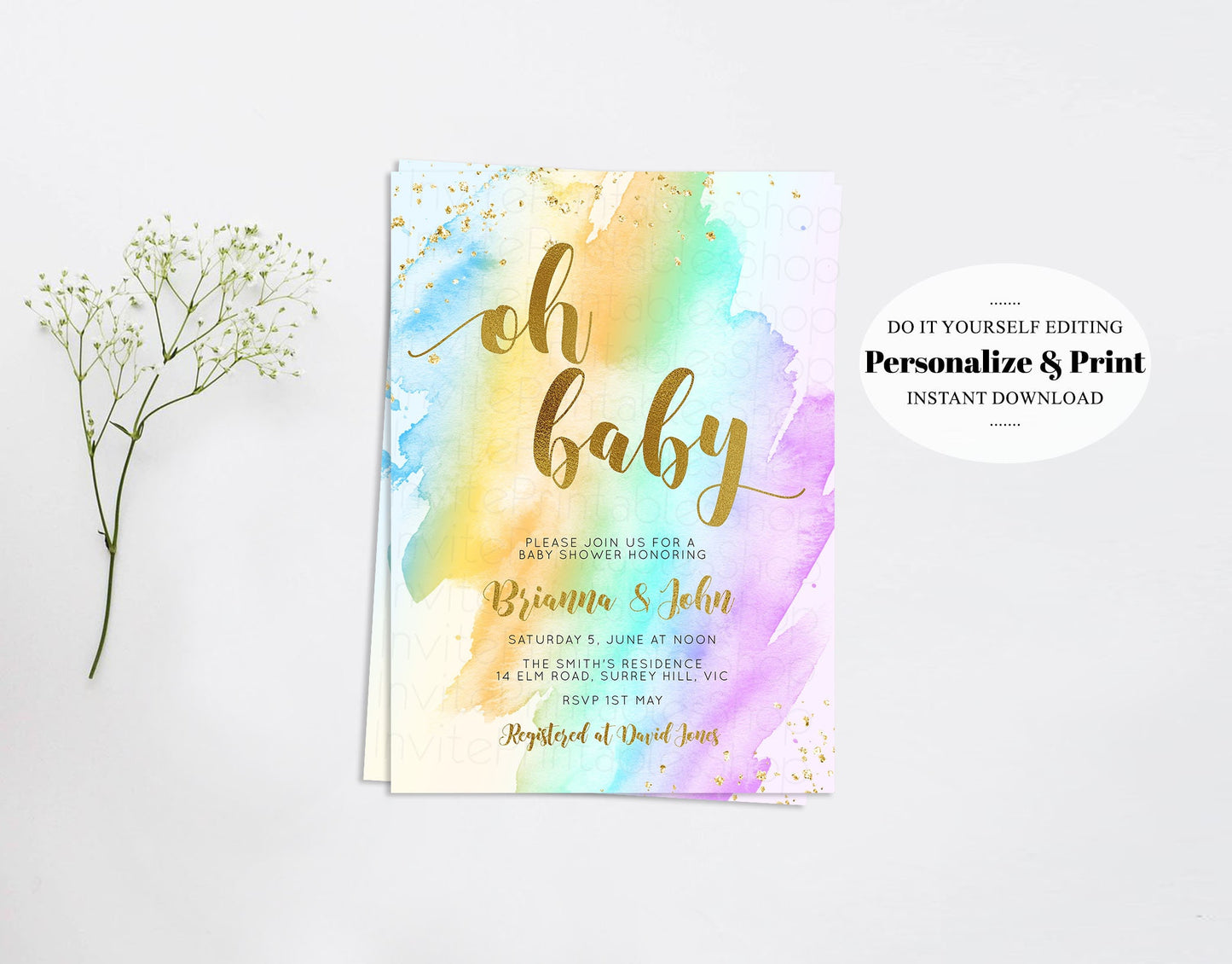 Rainbow Baby Shower Invitation Watercolor Pastel Invitation Colorful Splash Baby Shower Invite Gold Glitter Sprinkles Ombre Invite 489