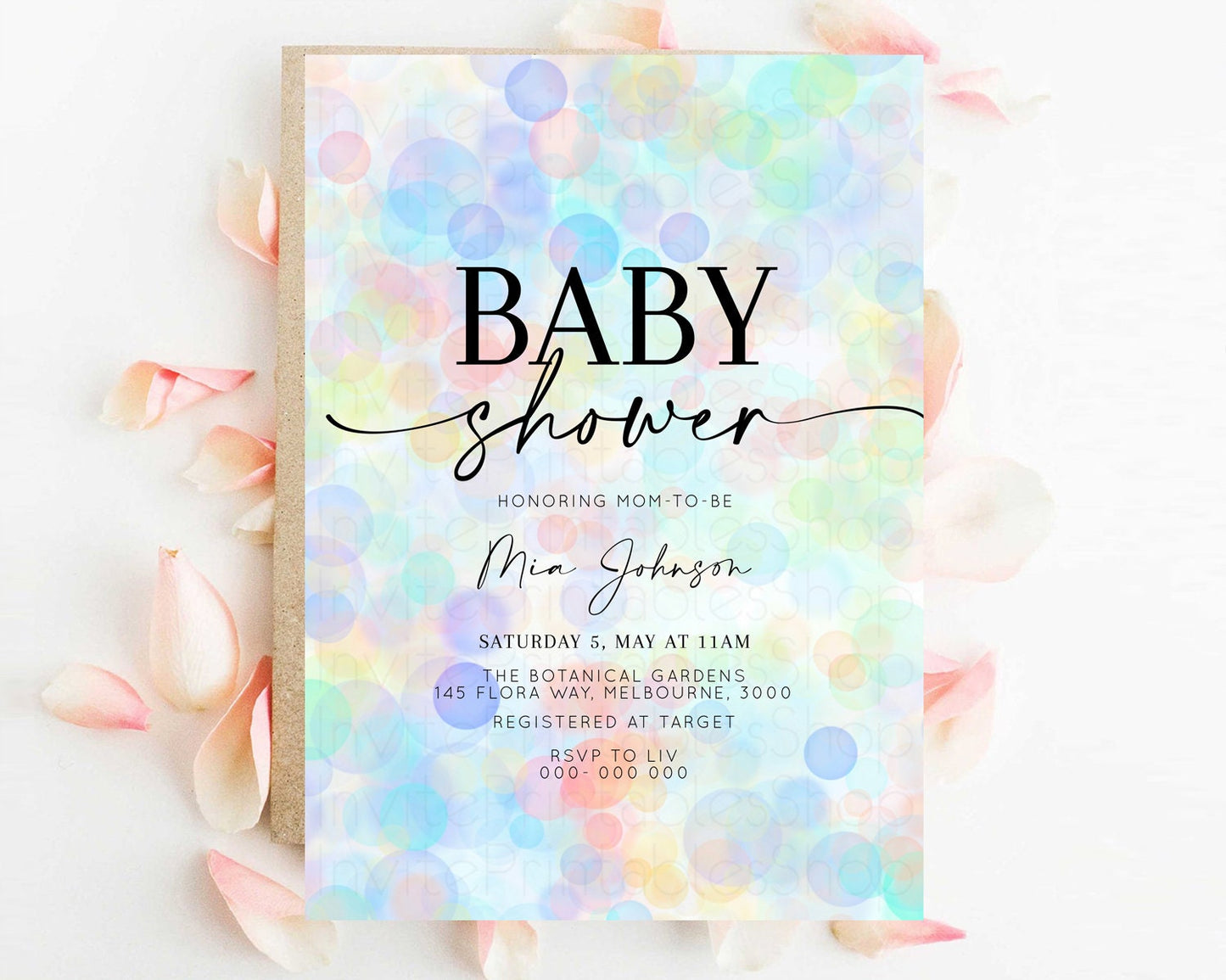 Rainbow Baby Shower Invitation Pastel  Invite Colorful POP Invitation Confetti Sprinkles Invite Oh Baby Glitter Blue Pink Yellow Green T500