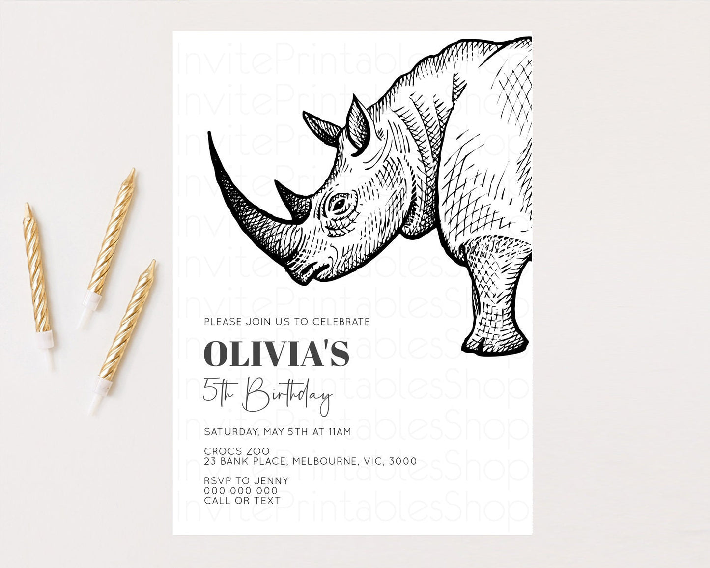 Rhinoceros Birthday Invitation Rhinoceros Invite Jungle Safari invite Watercolor Tropical Palm Adventure Zoo Party Wild Rhino Party t269