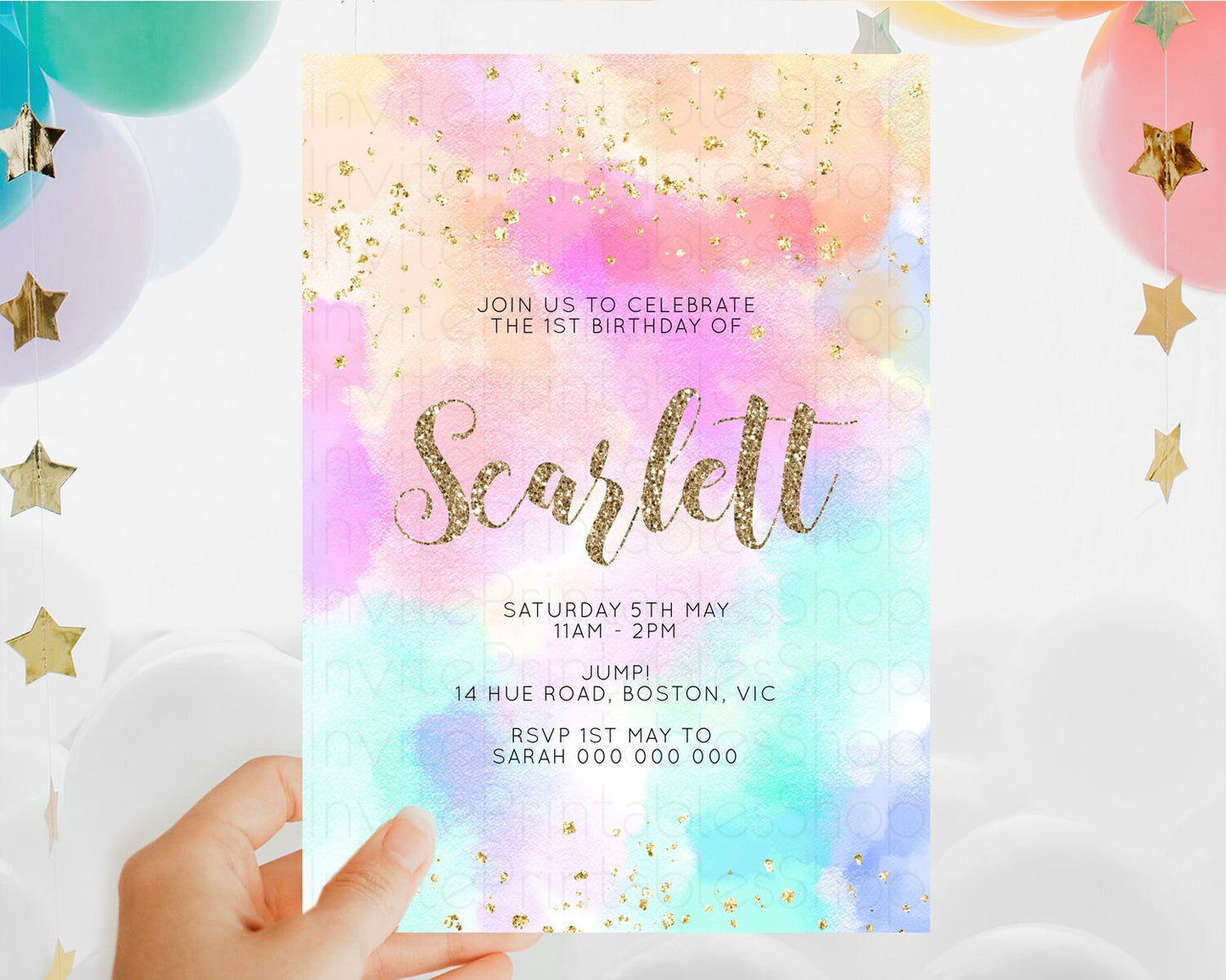 Rainbow Birthday Invitation Colorful Pastel Watercolor Invitation Gold Glitter Sprinkles Ombre Pastel 1st 2nd 3rd Birthday D10669