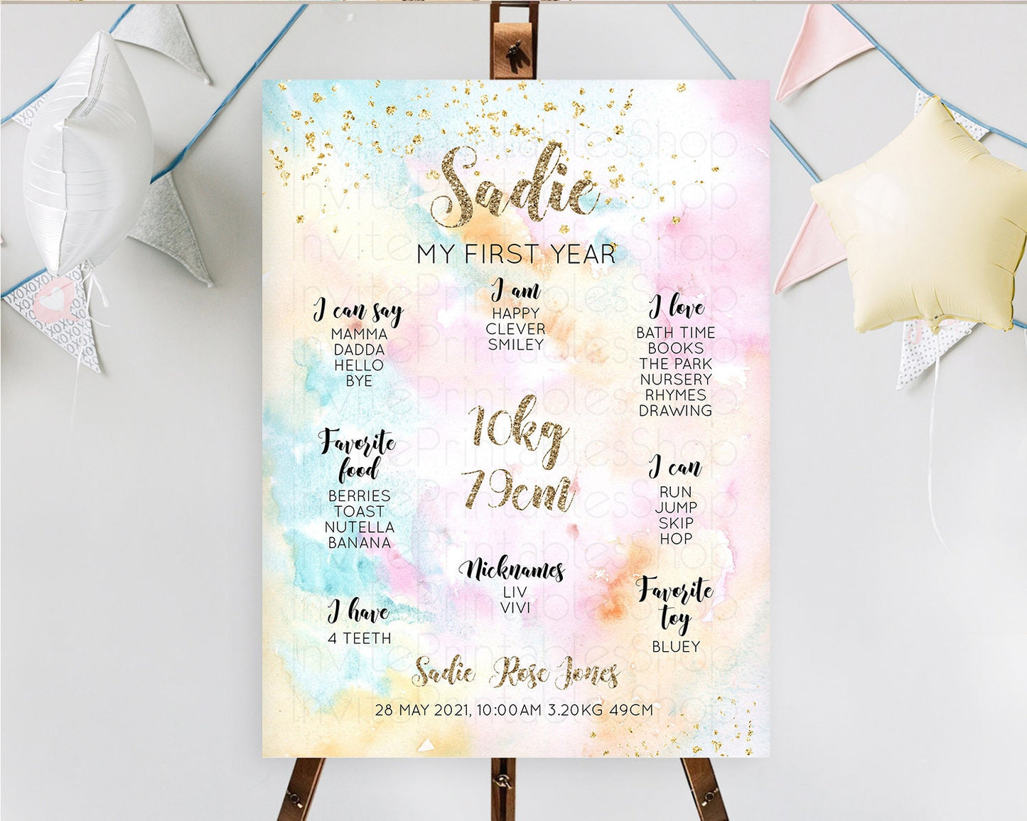 Pastel First Birthday Milestone Board Pastel Rainbow Milestone Poster Colorful Confetti Watercolor Glitter 1st Birthday Welcome Sign D10548