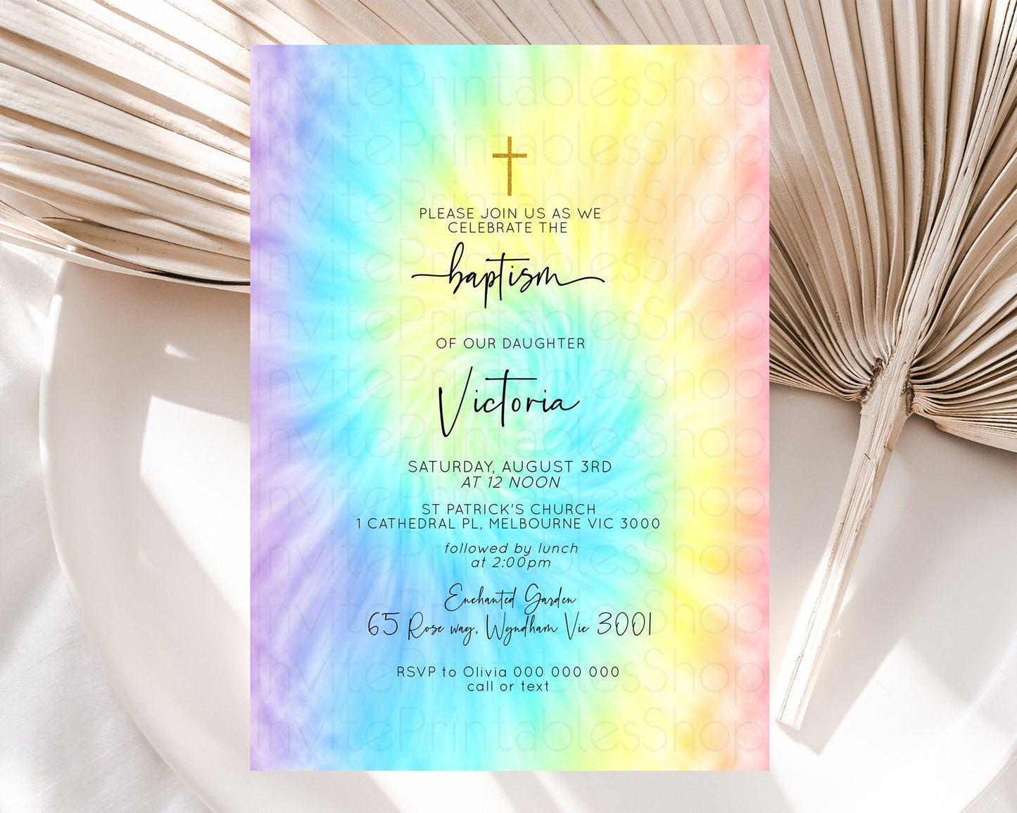 Tie Dye Baptism Invitation Rainbow Baptism 1st Birthday Invitation Pastel Ombre Colorful Christening Invitation Holy Communion D10578
